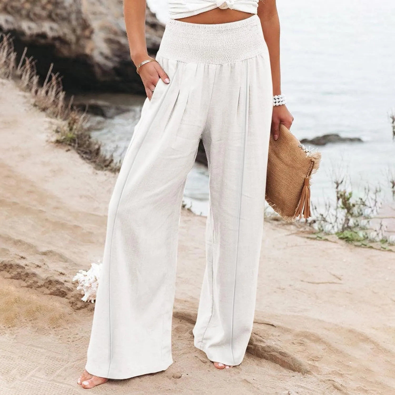 Womens Linen Summer Split Flowy Palazzo Lounge Pants Elastic Waisted Baggy Stretchy Loose Fit Palazzo Pants