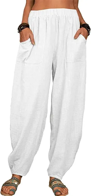 Women's Linen Summer Split Flowy Palazzo Pants Elastic Waisted Long Lounge Loose Fit Pants Vacation