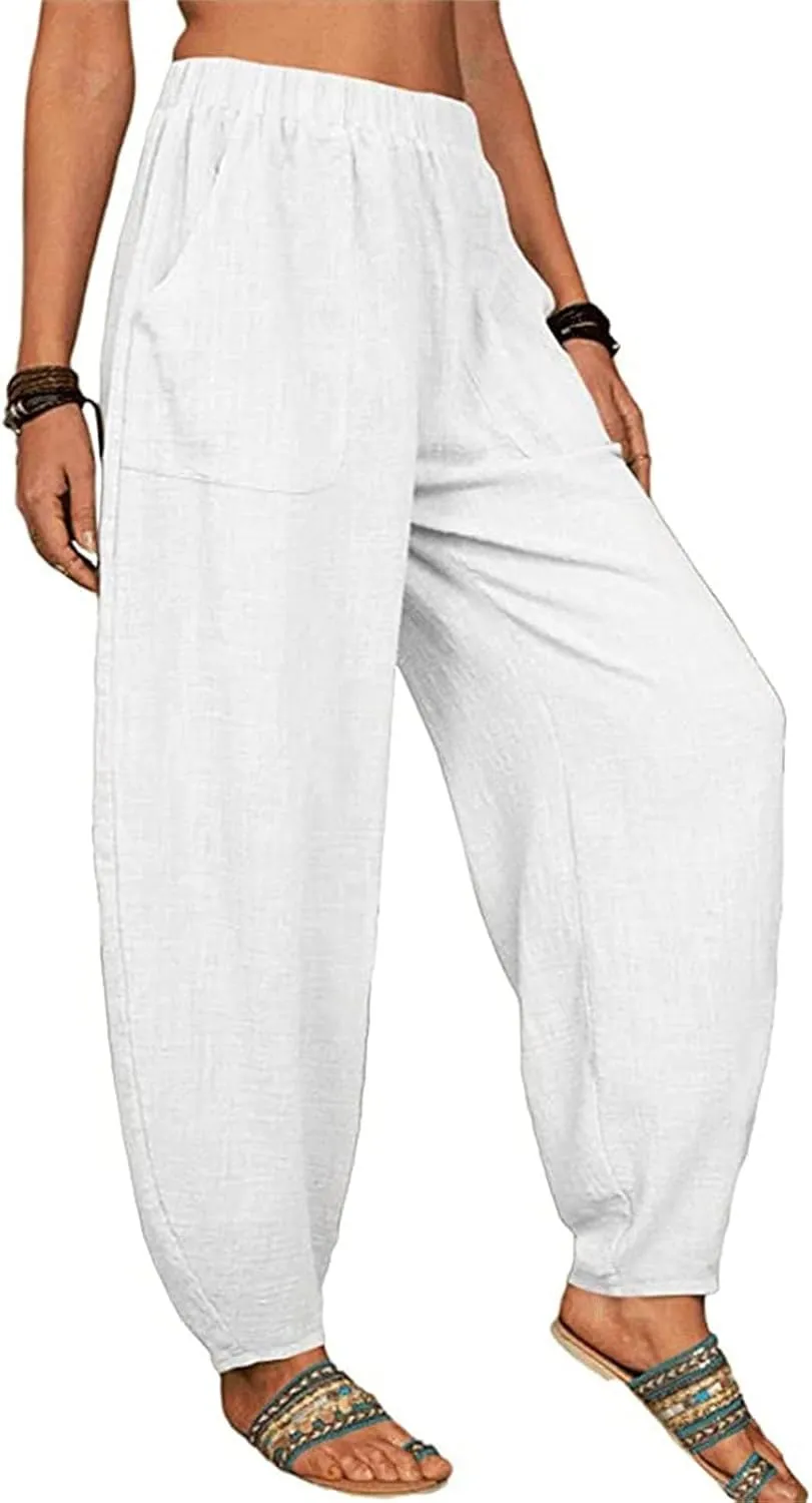 Women's Linen Summer Split Flowy Palazzo Pants Elastic Waisted Long Lounge Loose Fit Pants Vacation