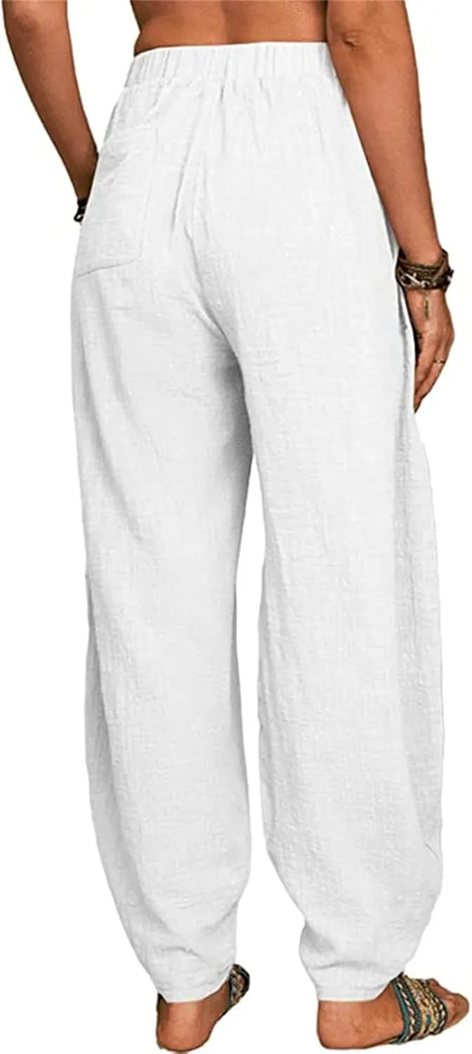 Women's Linen Summer Split Flowy Palazzo Pants Elastic Waisted Long Lounge Loose Fit Pants Vacation