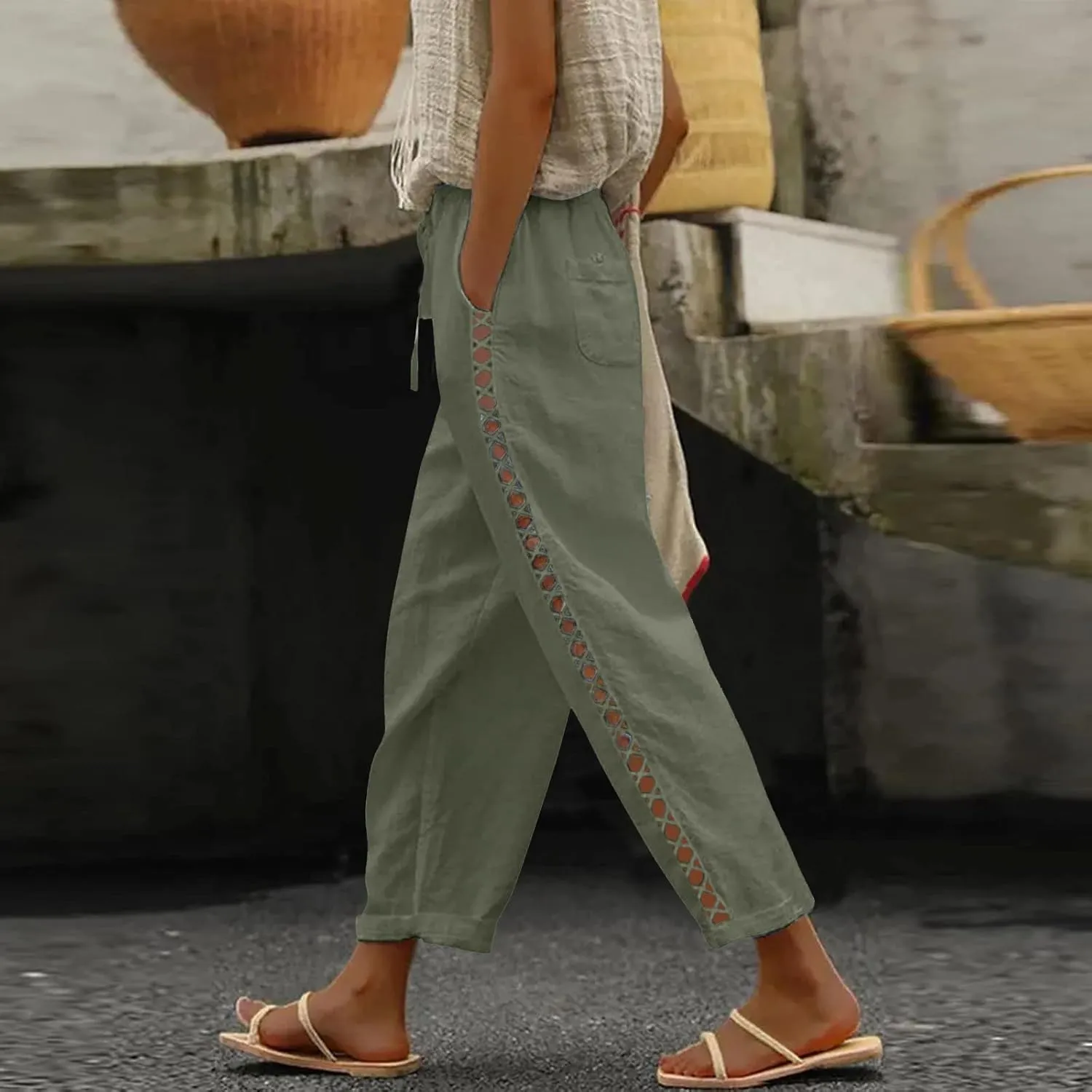 Women's Summer Casual Linen Pants Capris Drawstring Elastic High Waist Cotton Linen Cropped Trousers with Pockets