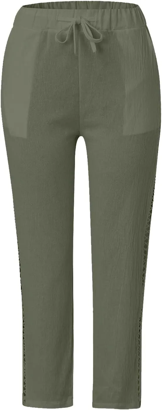Women's Summer Casual Linen Pants Capris Drawstring Elastic High Waist Cotton Linen Cropped Trousers with Pockets
