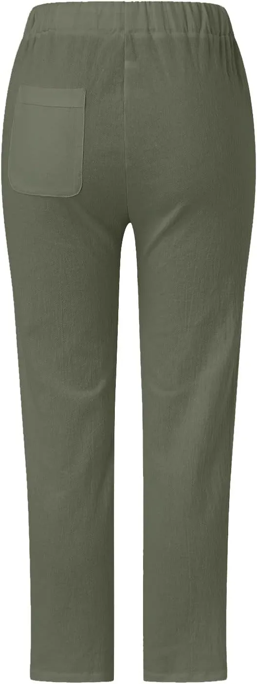 Women's Summer Casual Linen Pants Capris Drawstring Elastic High Waist Cotton Linen Cropped Trousers with Pockets