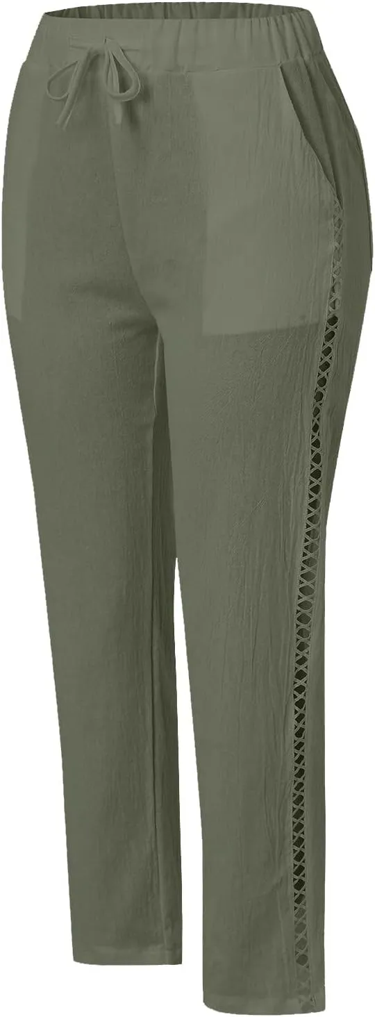 Women's Summer Casual Linen Pants Capris Drawstring Elastic High Waist Cotton Linen Cropped Trousers with Pockets