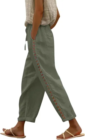 Women's Summer Casual Linen Pants Capris Drawstring Elastic High Waist Cotton Linen Cropped Trousers with Pockets