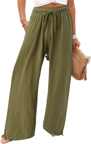 Women's Summer High Waisted Cotton Linen Palazzo Pants Wide Leg Long Lounge Pocked Pants Baggy Drawstring Trousers