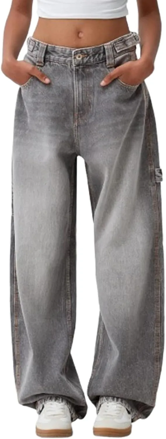 Women's Wide Leg Boyfriend Denim Pants - Low Rise Baggy Casual Loose Jeans - Y2K E-Girl Style