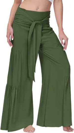 Womens Wide Leg Flared Pants Casual Long Palazzo Pants Flowy Lounge Pants High Waist Tie Knot Beach Trousers