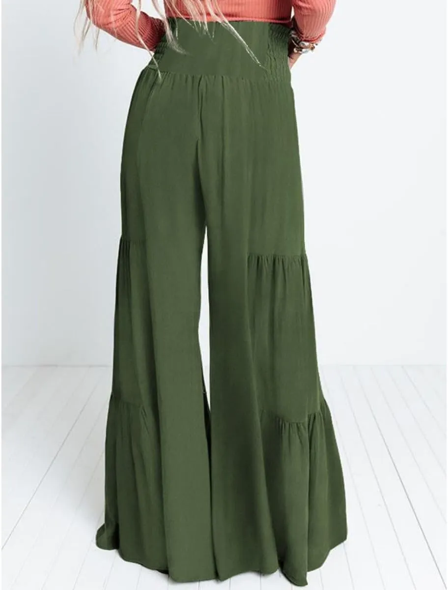 Womens Wide Leg Flared Pants Casual Long Palazzo Pants Flowy Lounge Pants High Waist Tie Knot Beach Trousers