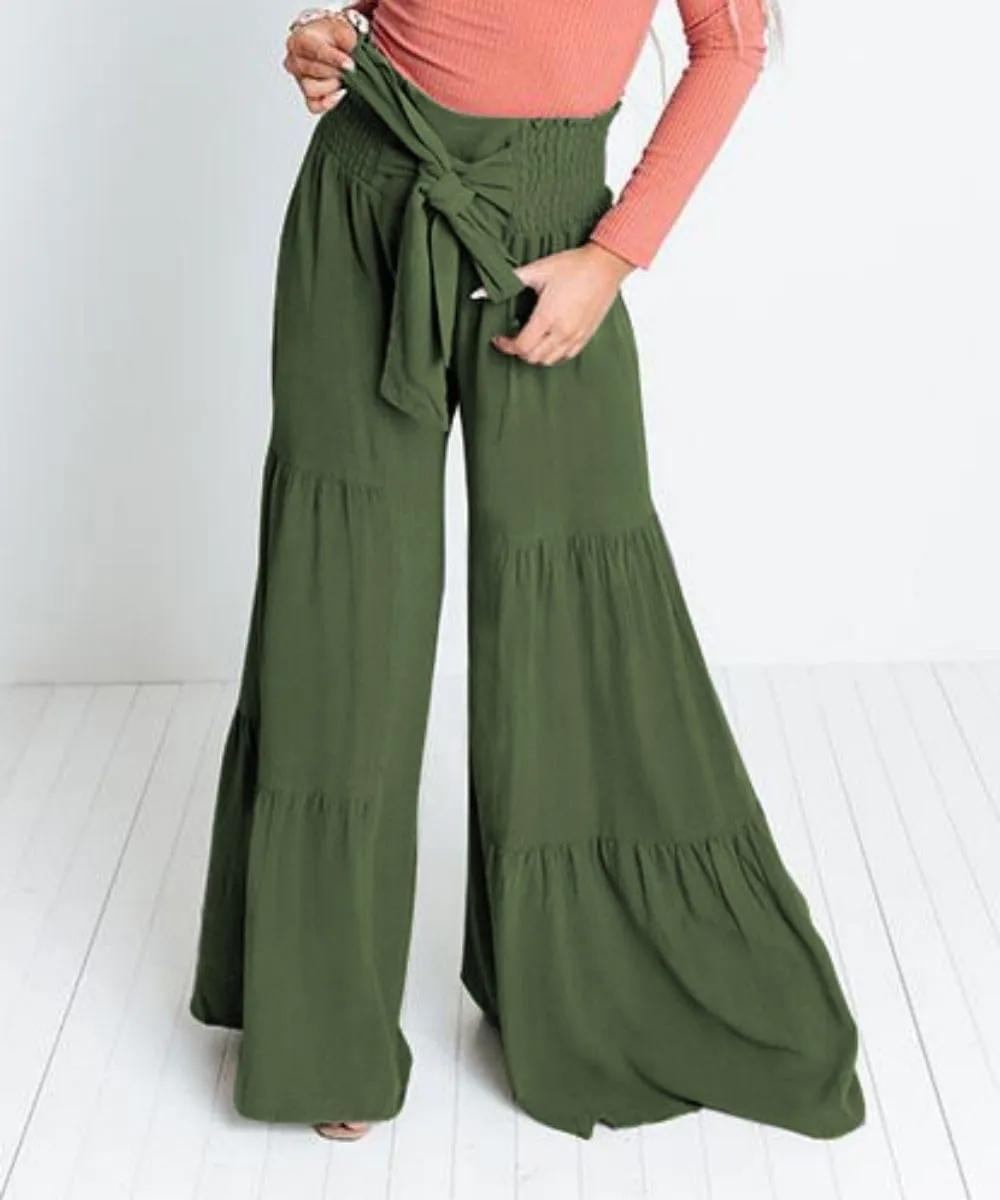Womens Wide Leg Flared Pants Casual Long Palazzo Pants Flowy Lounge Pants High Waist Tie Knot Beach Trousers