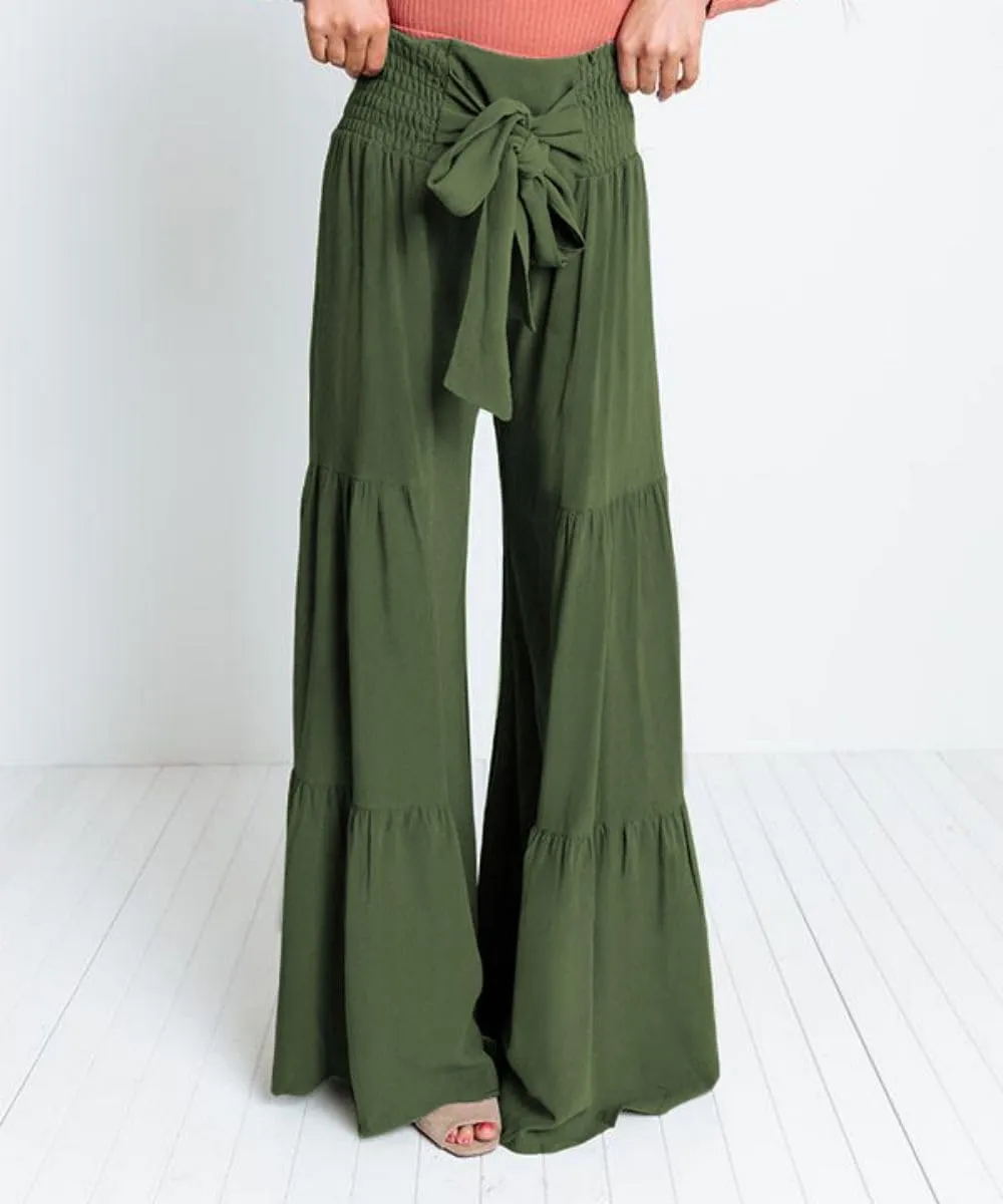Womens Wide Leg Flared Pants Casual Long Palazzo Pants Flowy Lounge Pants High Waist Tie Knot Beach Trousers