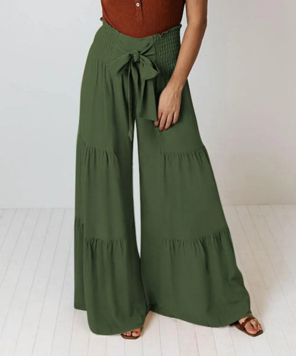 Womens Wide Leg Flared Pants Casual Long Palazzo Pants Flowy Lounge Pants High Waist Tie Knot Beach Trousers