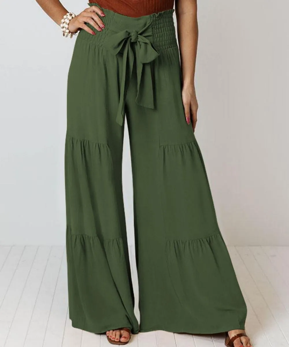 Womens Wide Leg Flared Pants Casual Long Palazzo Pants Flowy Lounge Pants High Waist Tie Knot Beach Trousers