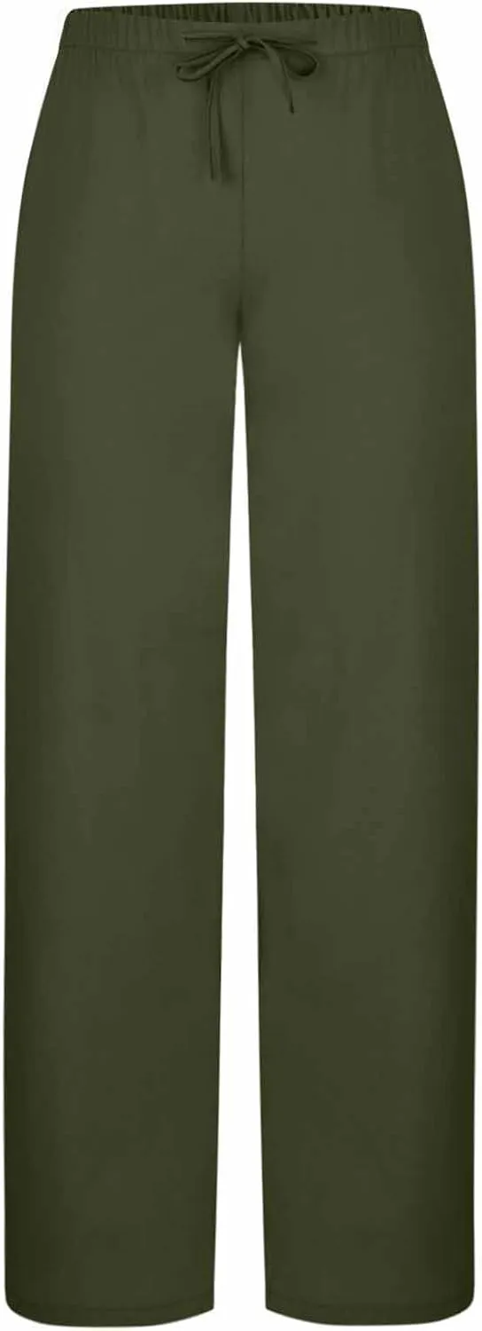 Womens Wide Leg Yoga Pants Linen Elastic High Waist Drawstring Lounge Trousers Summer Boho Flowy Slacks
