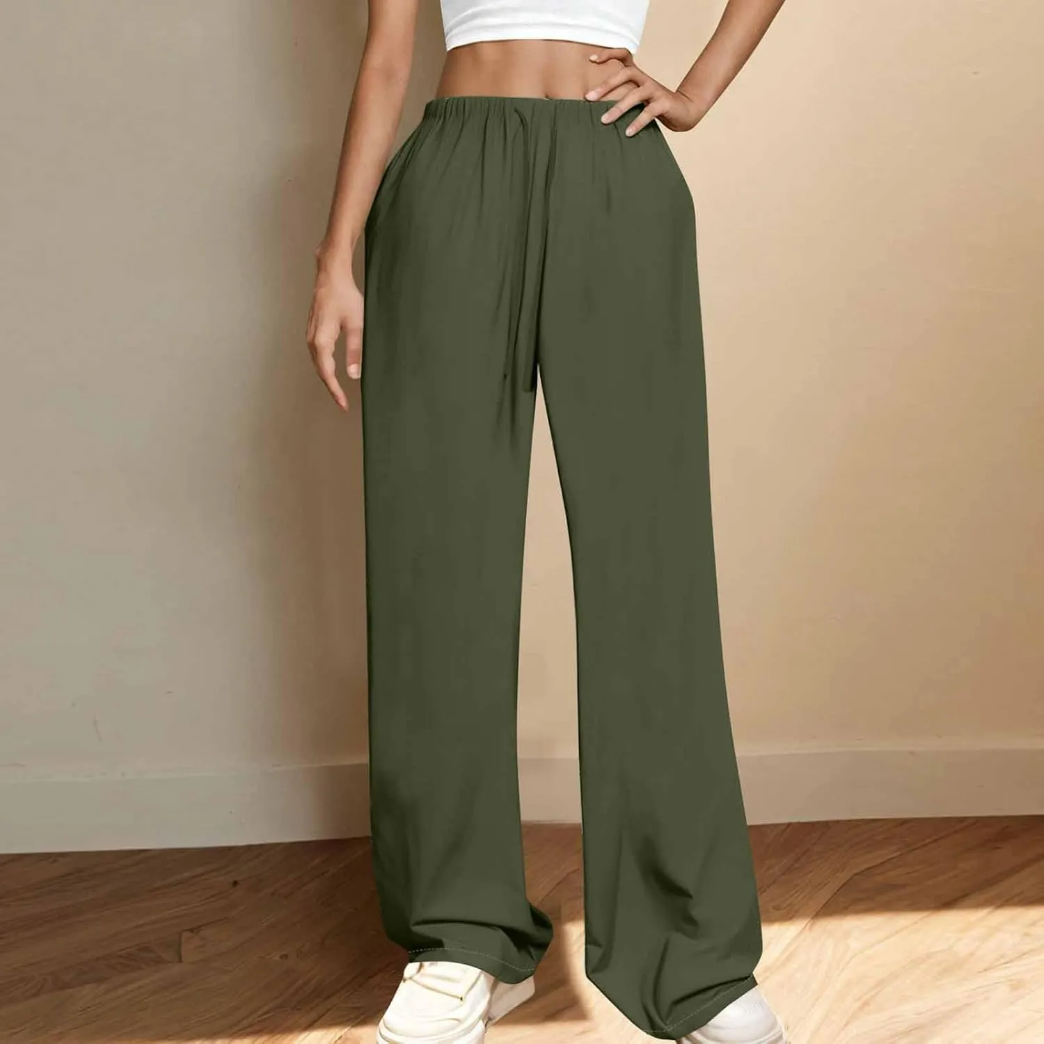 Womens Wide Leg Yoga Pants Linen Elastic High Waist Drawstring Lounge Trousers Summer Boho Flowy Slacks