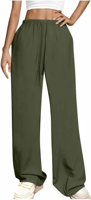 Womens Wide Leg Yoga Pants Linen Elastic High Waist Drawstring Lounge Trousers Summer Boho Flowy Slacks