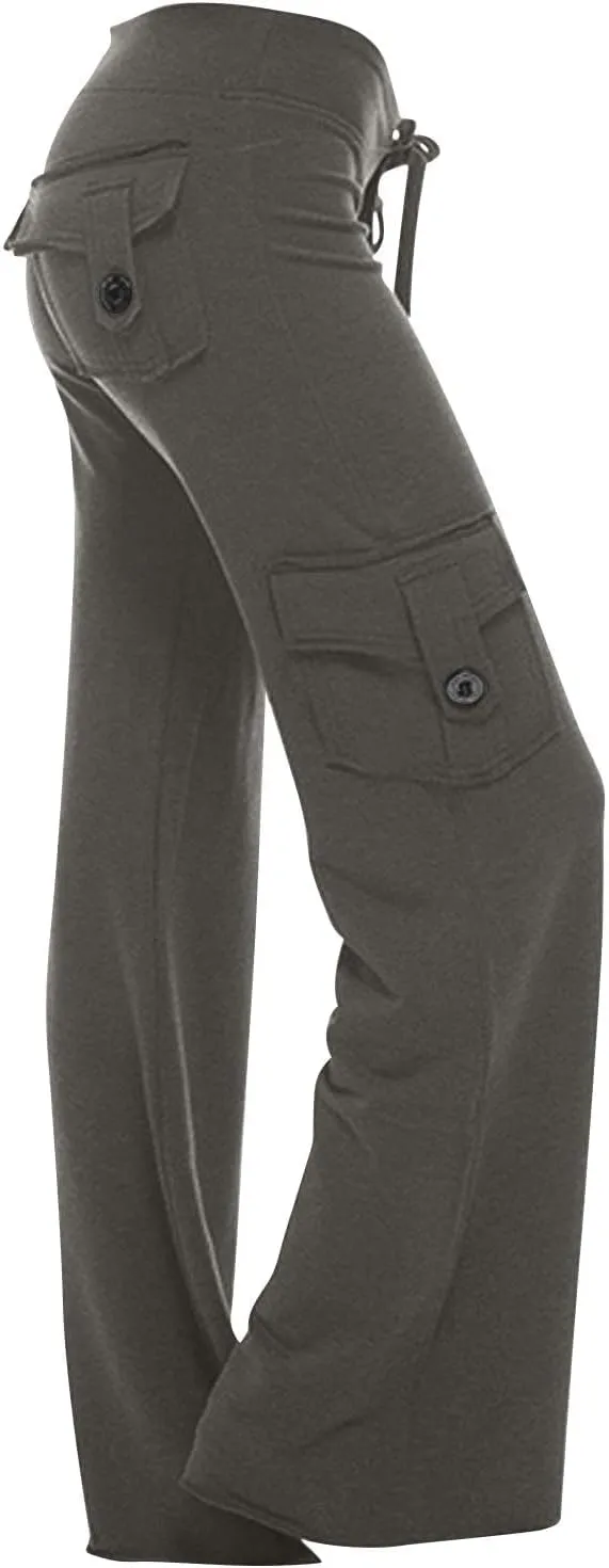 Womens Yoga Leggings Cargo Pants Stretchy High Waist Elastic Loose Trousers with Pockets Wide Leg Workout Sweatpants