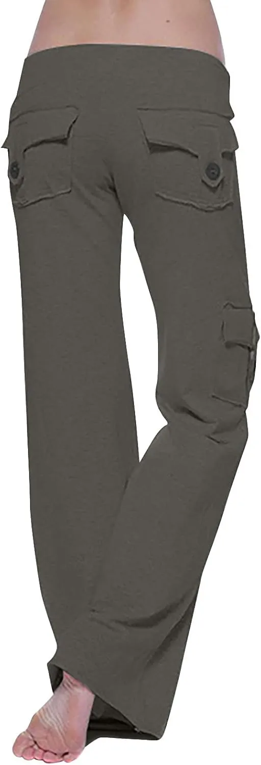 Womens Yoga Leggings Cargo Pants Stretchy High Waist Elastic Loose Trousers with Pockets Wide Leg Workout Sweatpants
