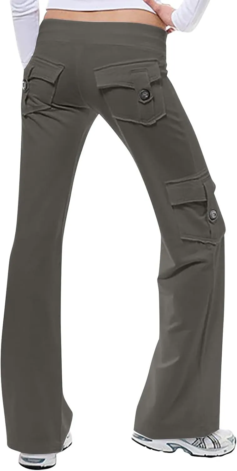 Womens Yoga Leggings Cargo Pants Stretchy High Waist Elastic Loose Trousers with Pockets Wide Leg Workout Sweatpants
