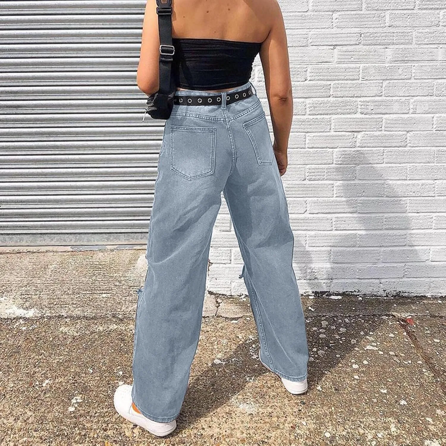 XIAOBU Ripped Straight Jeans Women's High Waist Loose Retro Denim Pants Pocket Button Solid Casual Trousers