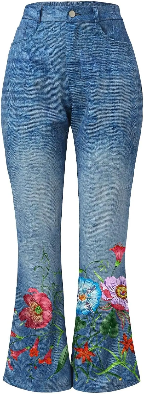 YOLAI Womens Floral Print Bell Bottoms Pants High Waist Flared Denim Trousers Stretch Jeans Pants with Pockets