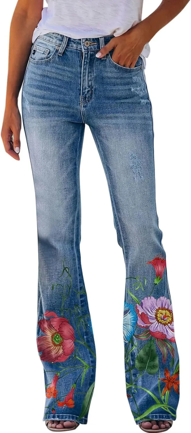 YOLAI Womens Floral Print Bell Bottoms Pants High Waist Flared Denim Trousers Stretch Jeans Pants with Pockets