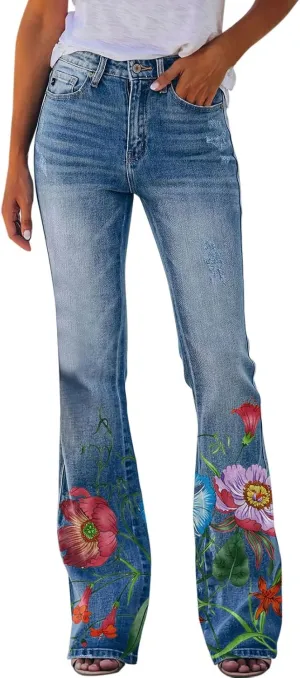 YOLAI Womens Floral Print Bell Bottoms Pants High Waist Flared Denim Trousers Stretch Jeans Pants with Pockets