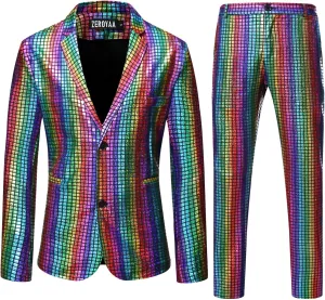 ZEROYAA Men's Metallic Shiny Suits Disco Sequin Blazer and Pants 2 Piece Sets for Party Prom